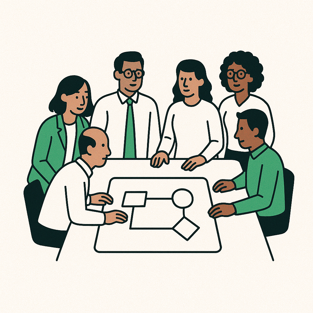 Teams connecting and collaborating over a shared workspace