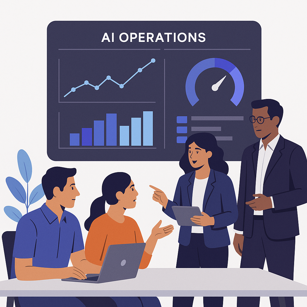 AI operations dashboard with people collaborating