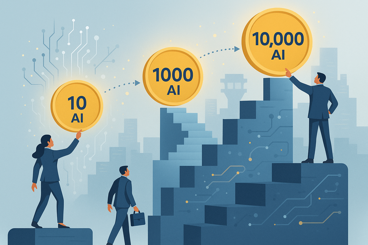 Illustration showing executives and AI systems scaling upward across connected pricing tiers