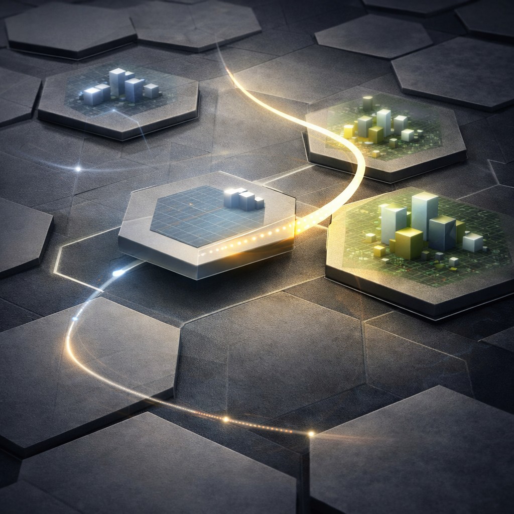 Guide visualization showing performance signals flowing through connected operating areas.