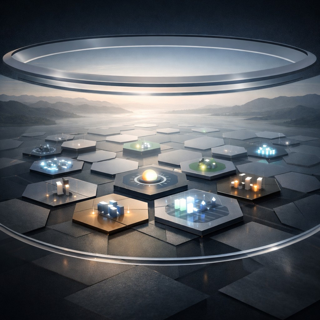 Oversee visualization showing connected AI domains around a central impact hub.